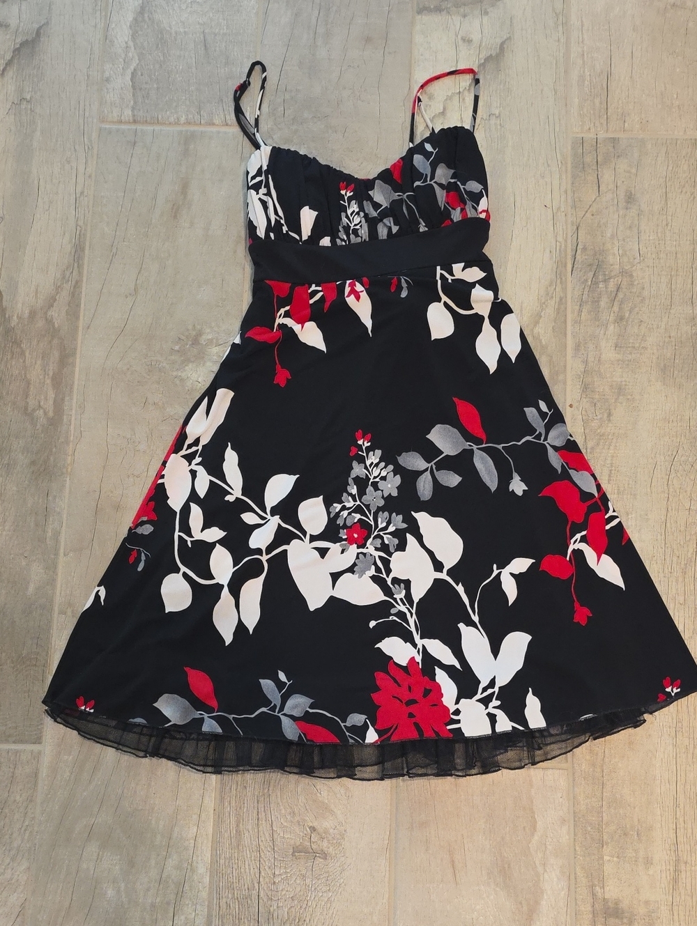 Speechless Black Fit And Flare Dress with Red Accents and White Floral Print
